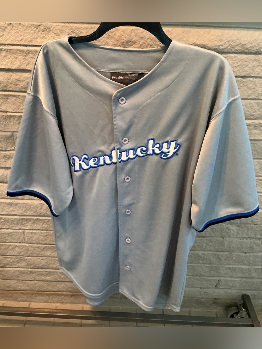 Pro Edge Light Gray Button-Up Baseball Jersey with Blue Kentucky Script